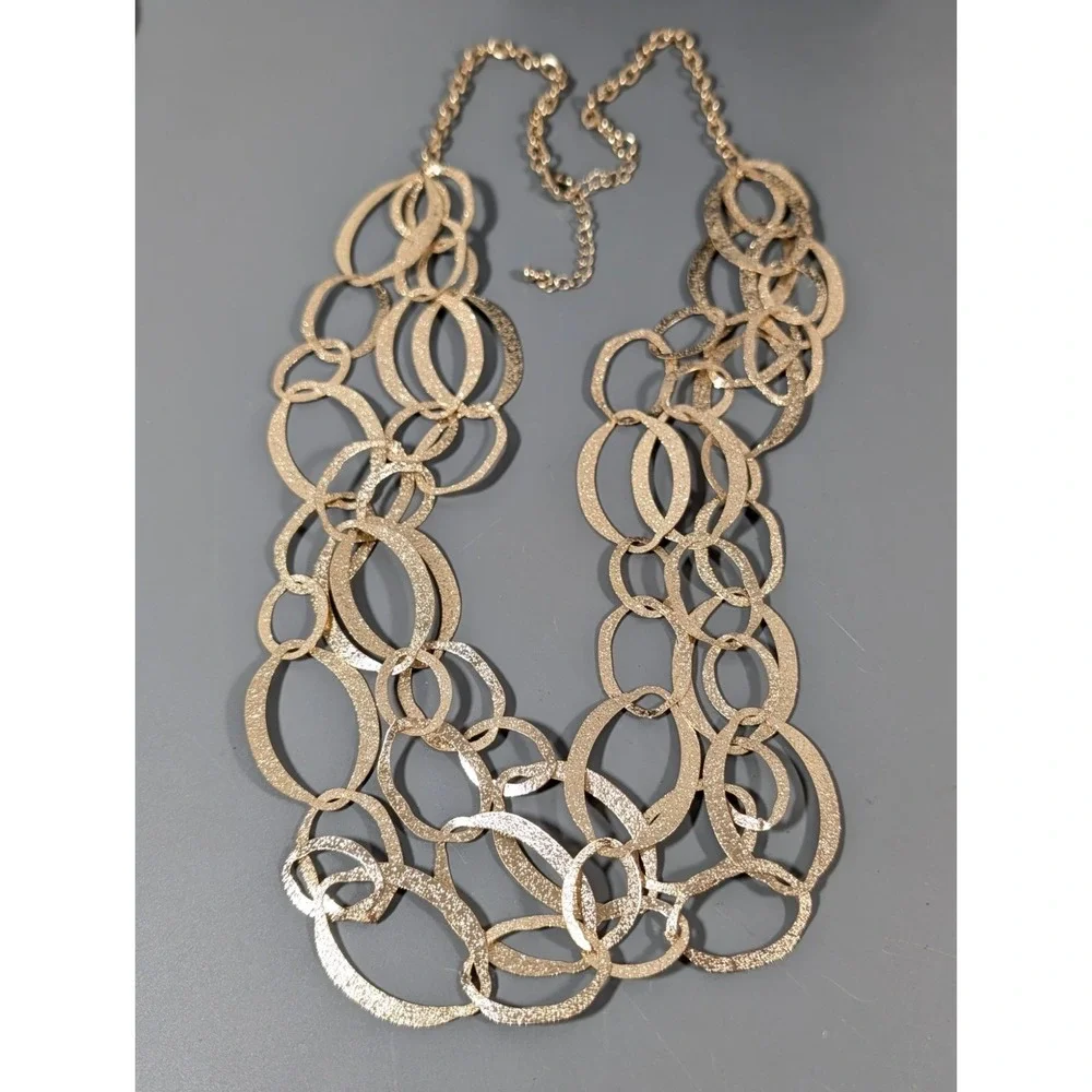 Gold Tone Textured Oval Chain Link Multi Strand Statement Necklace Lightweight 2